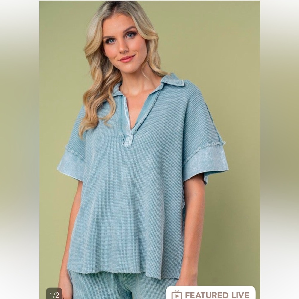 Women's Blue Waffle Knit Top